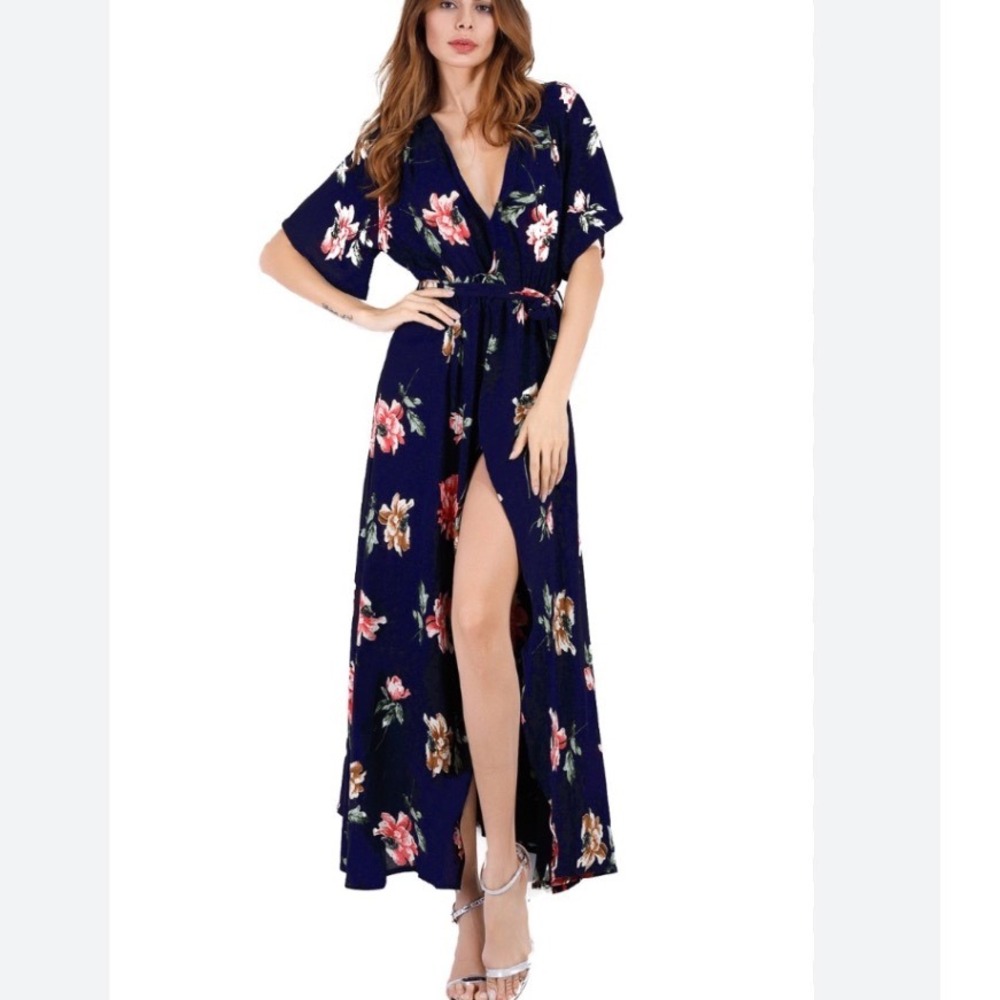 Escalier Floral Wrap Maxi Dress Navy Boho Short Sleeve XL